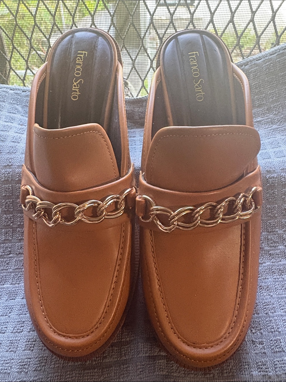 Franco Sarto Cognac Chain-Trim Mule Loafers